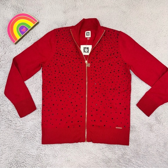 Anne Klein fire red and black rhinestone sweater
